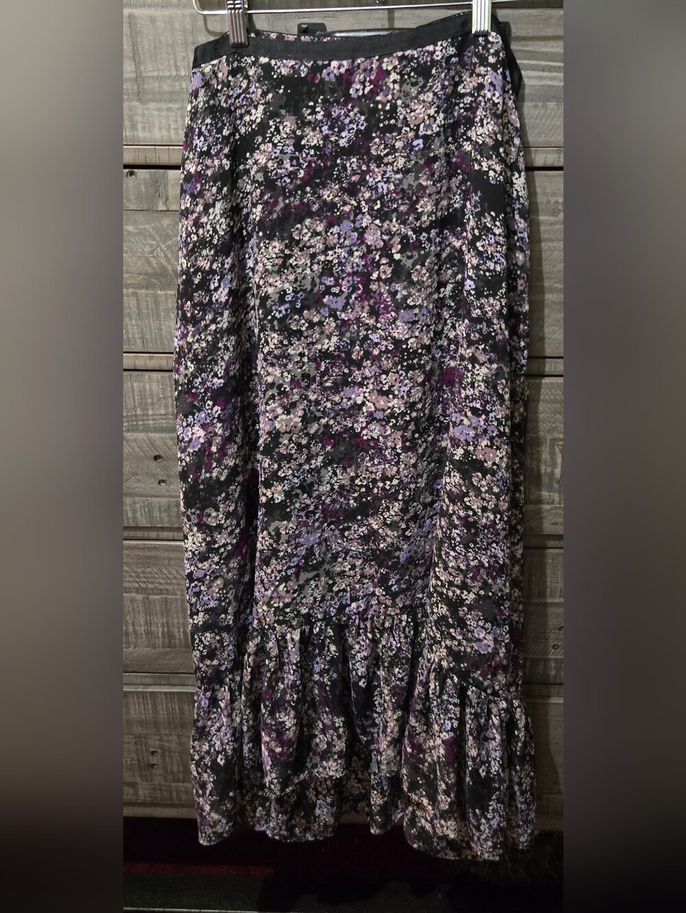 Elle Women's Size 16 Floral Midi Skirt Black Purple Tiered Ruffle Hem Lined